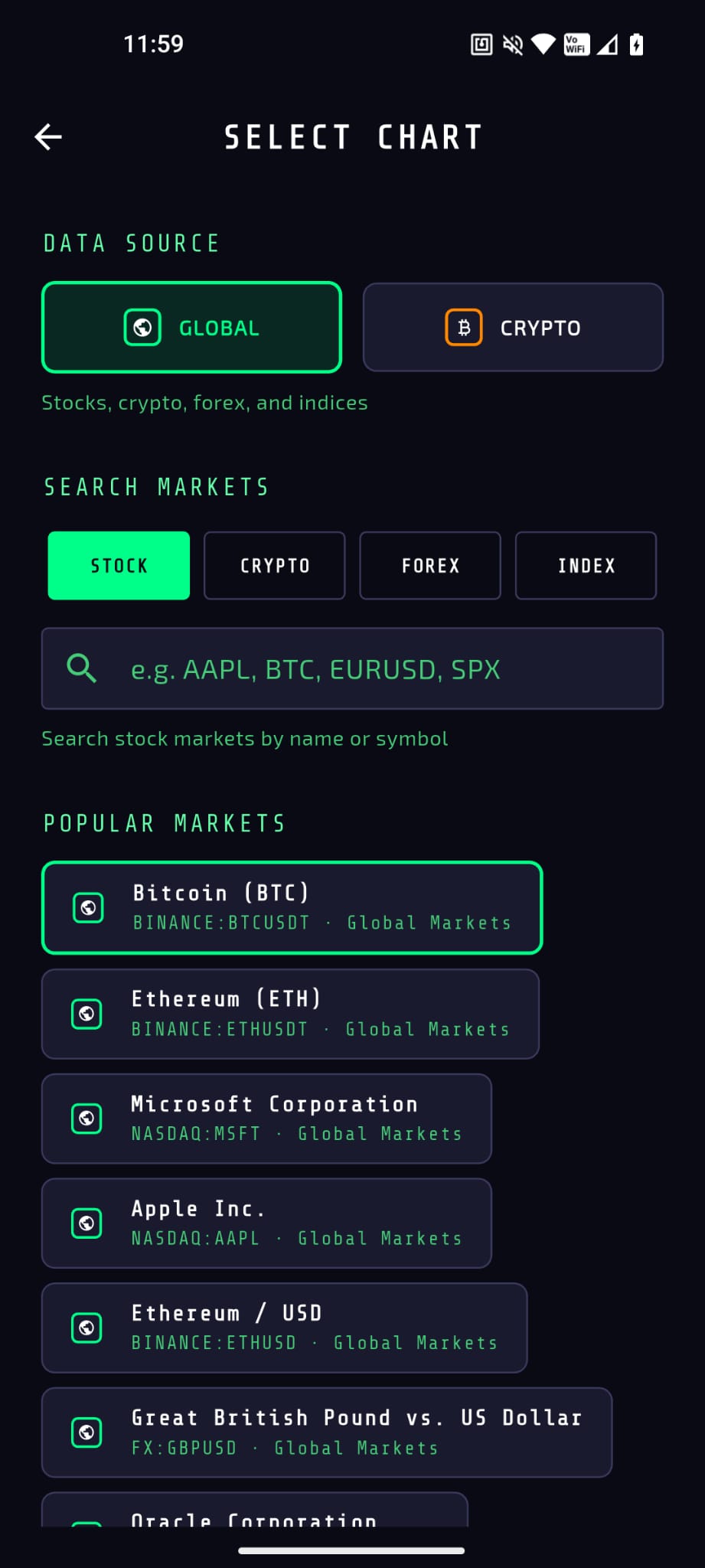 Select chart screen